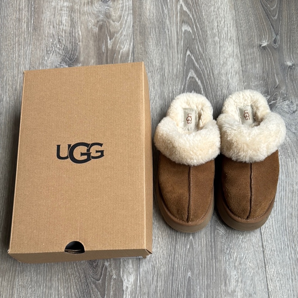 UGG Chestnut Suede Slippers with Cream Shearling